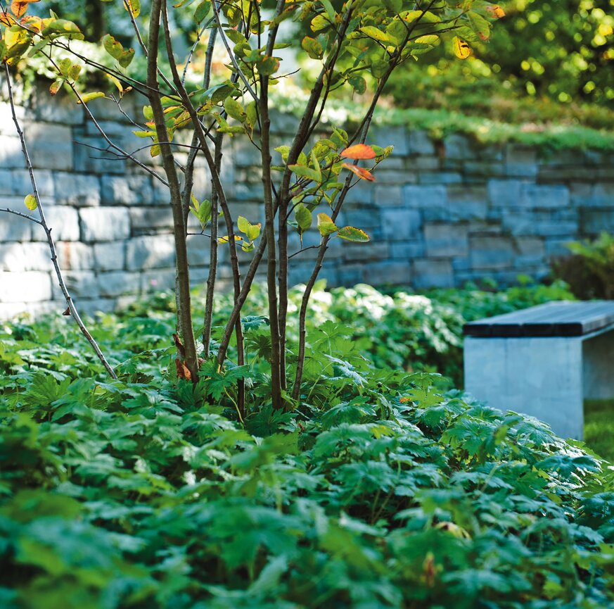 Bank aus Stein im Gartenpark